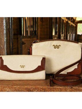 King Ranch Leather Crossbody Bag Wallet Set Ivory Brown